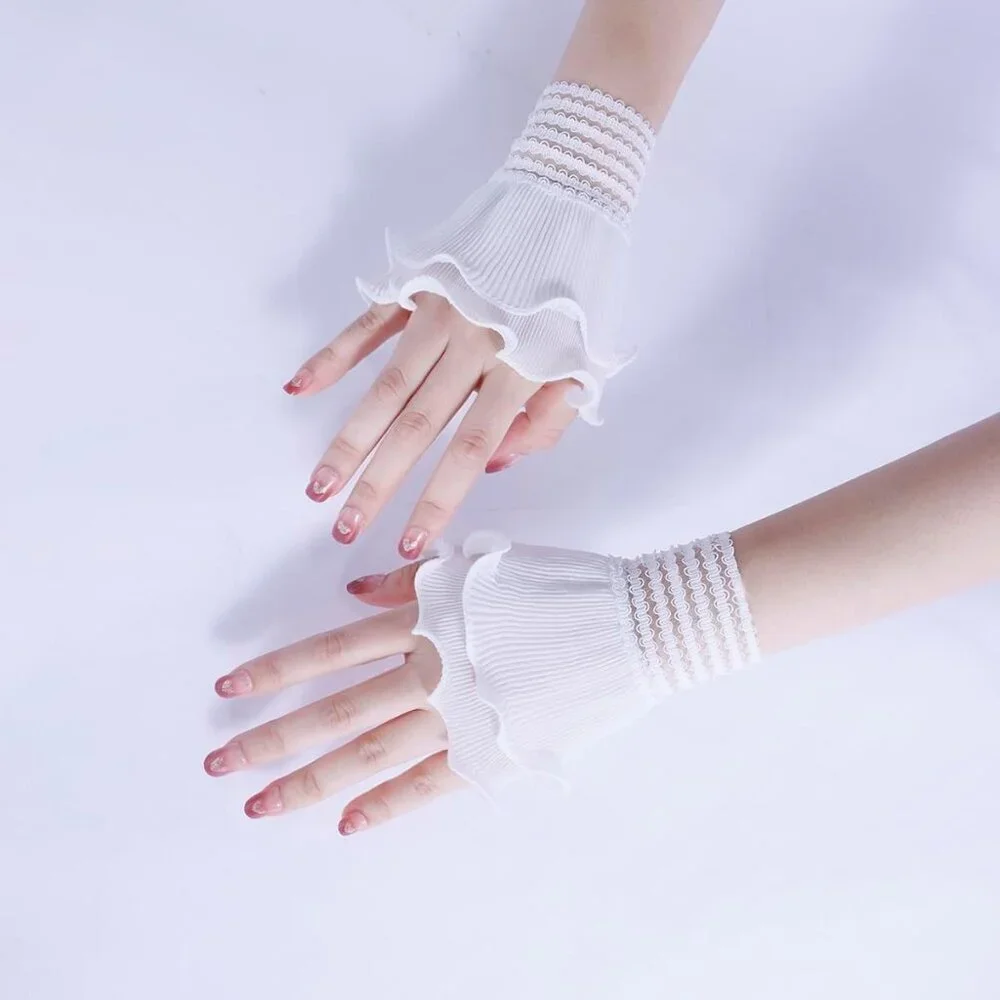 Women's Flared Sleeves White Elastic Bracelet Wrist Cuffs Gloves Wedding Party